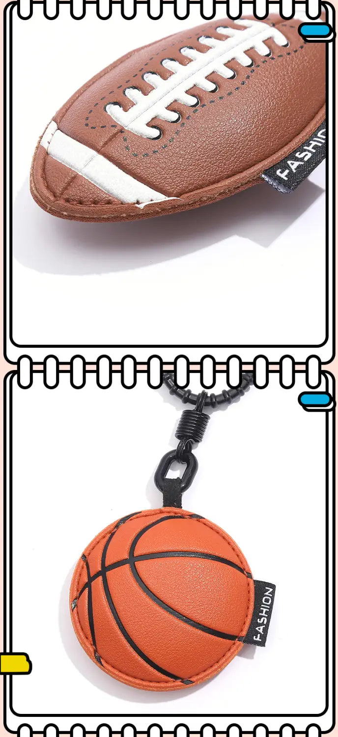 leather sports ball keychain set bag charm featuring brown leather football and orange basketball with black stitching details.