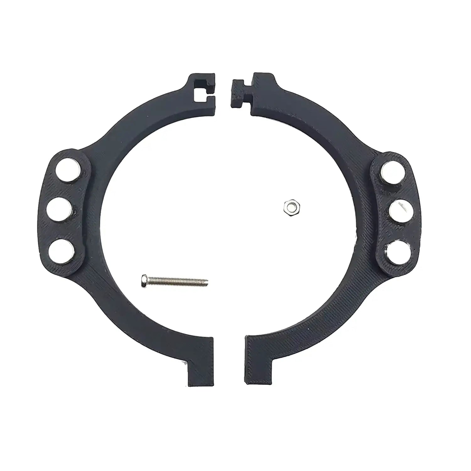 Soporte circular negro impreso en 3D con tres orificios en cada lado y tornillo y tuerca a juego incluidos para el módulo de varillaje basculante magnético Logitech para G29 G920 G923.