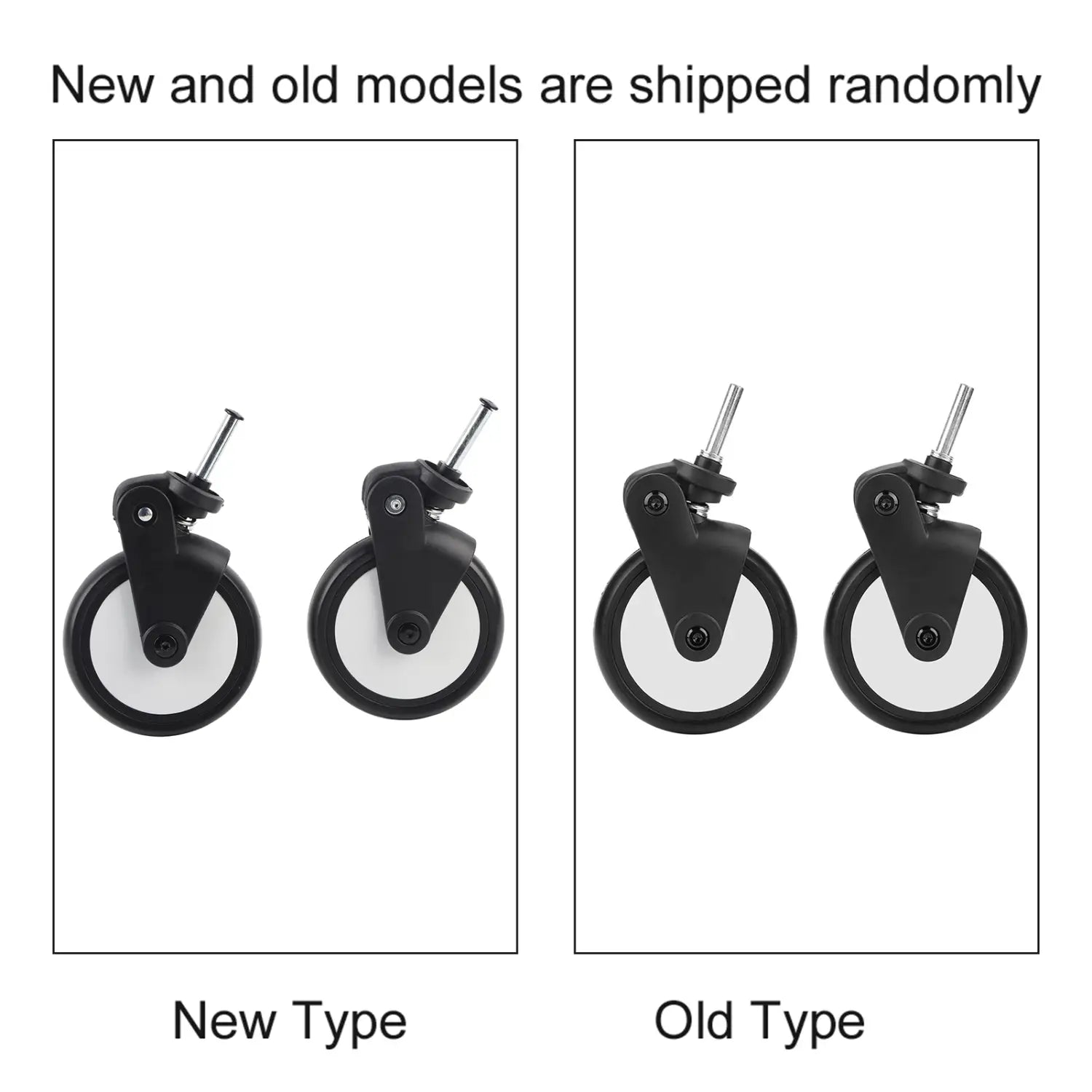 ヨーヨーおよびボーボ用交換用ベビーカー車輪。白色のインナーハブと金属製アクスルを備えた黒色のプラスチック製キャスターホイールを、2種類のモデルで示す。