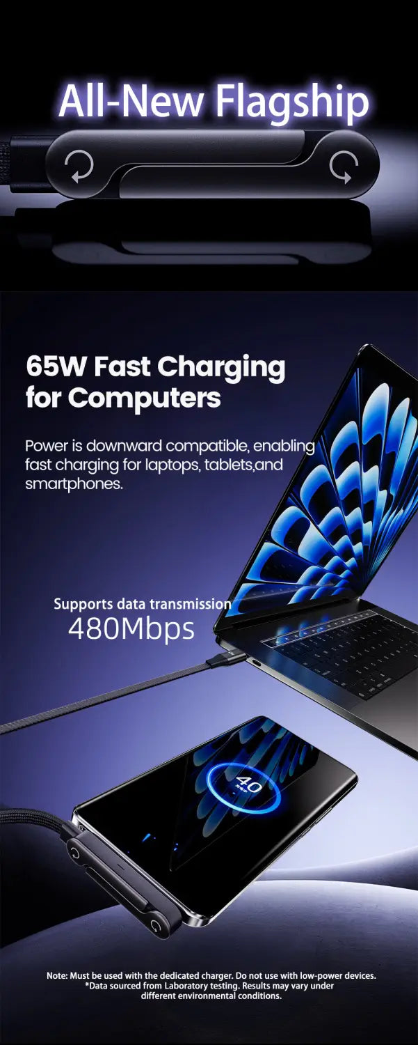 Black 65w usb c fast charging cable with usb-c and thunderbolt connectors for computers and phone holder designed for efficient power delivery and device compatibility.