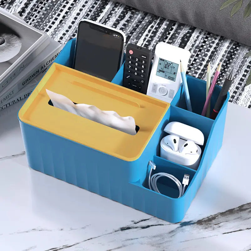 Blue and yellow plastic multi compartment desk organizer with ribbed sides for efficient storage and organization.