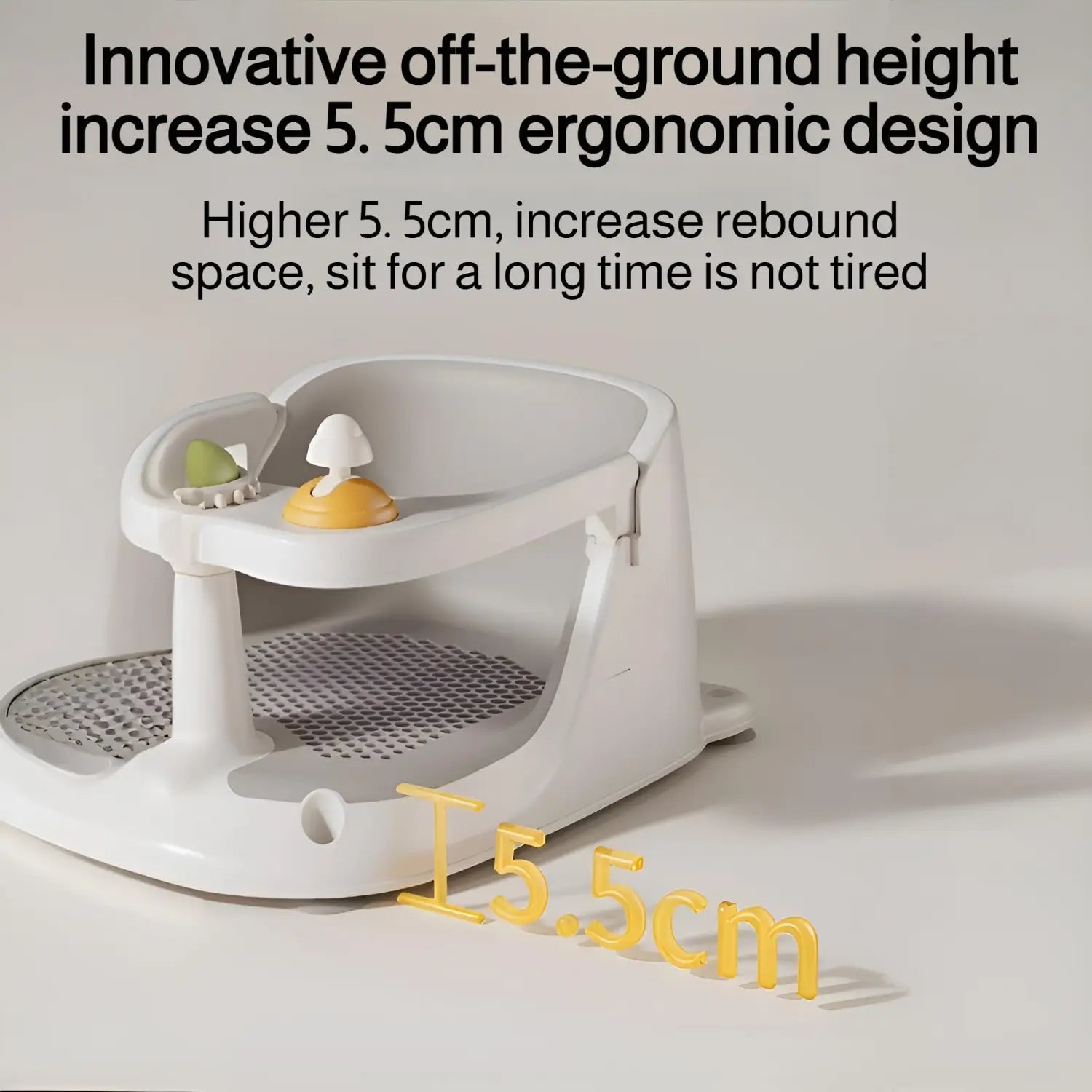 Asiento de baño para bebé de plástico blanco con visualizador de temperatura y ventosas, con base perforada, soportes laterales moldeados y un diseño ergonómico que eleva la altura del asiento en 5,5 cm para mayor comodidad durante los baños.