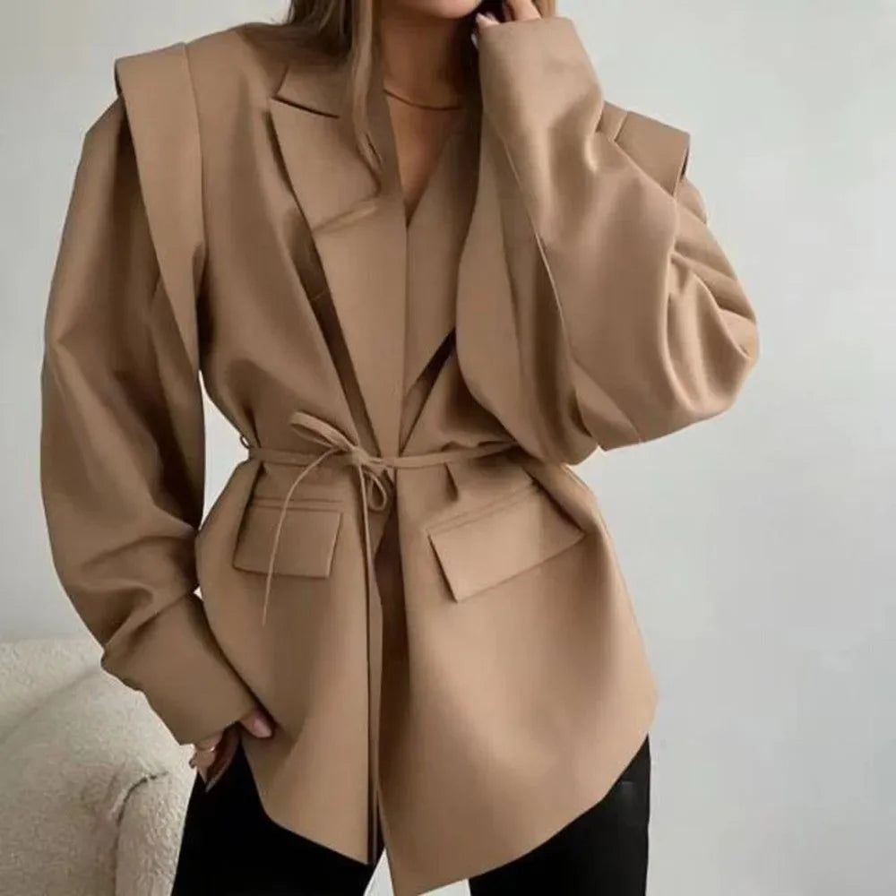 Women Belted Waist Blazer Jacket Padded Shoulder Lapel Collar Suit Coat  Autumn Office Elegant Formal Casual Workwear Outfit