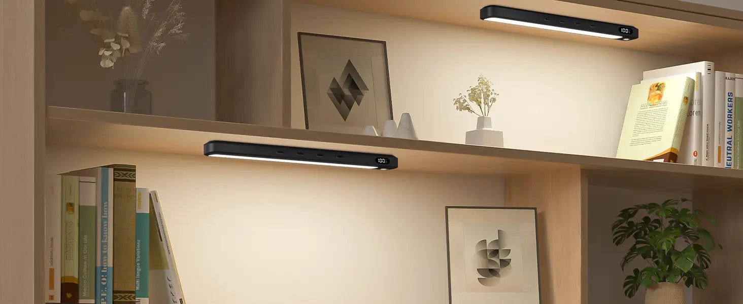 Black slim led motion sensor light bar with a matte finish iron sheet construction designed as a rechargeable under cabinet shelf light.