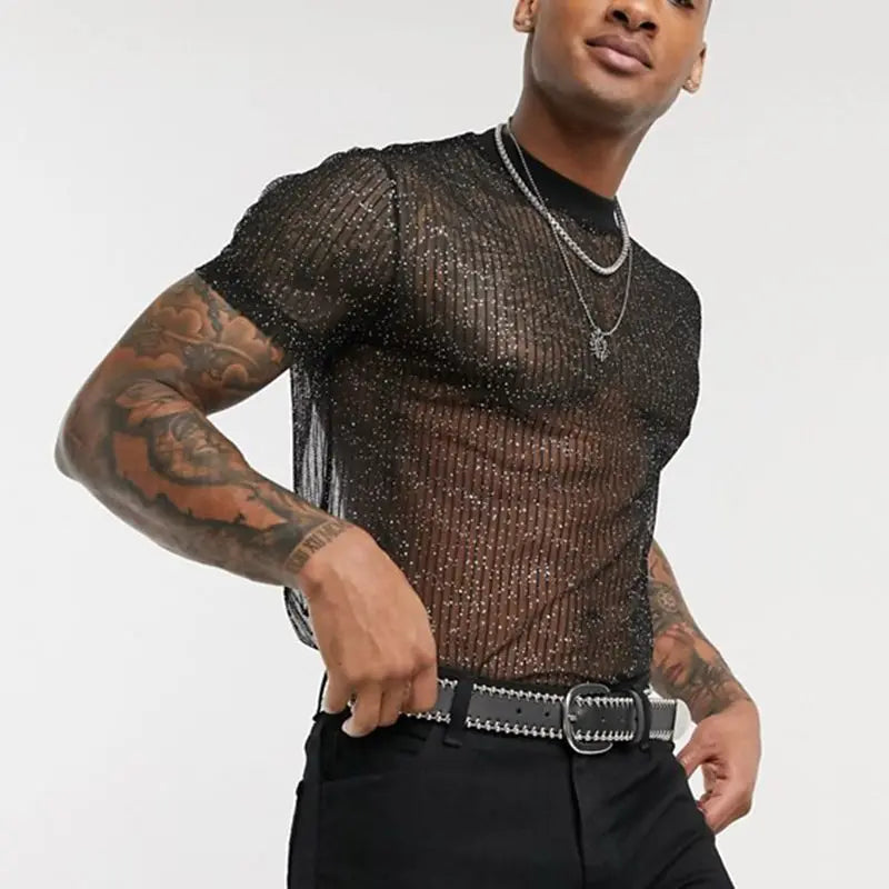 Mesh T-shirts Men Sexy Tops O Neck See-through Pullovers Shiny Short Sleeves T-shirts Men Undershirt Chic Breathable Streetwear