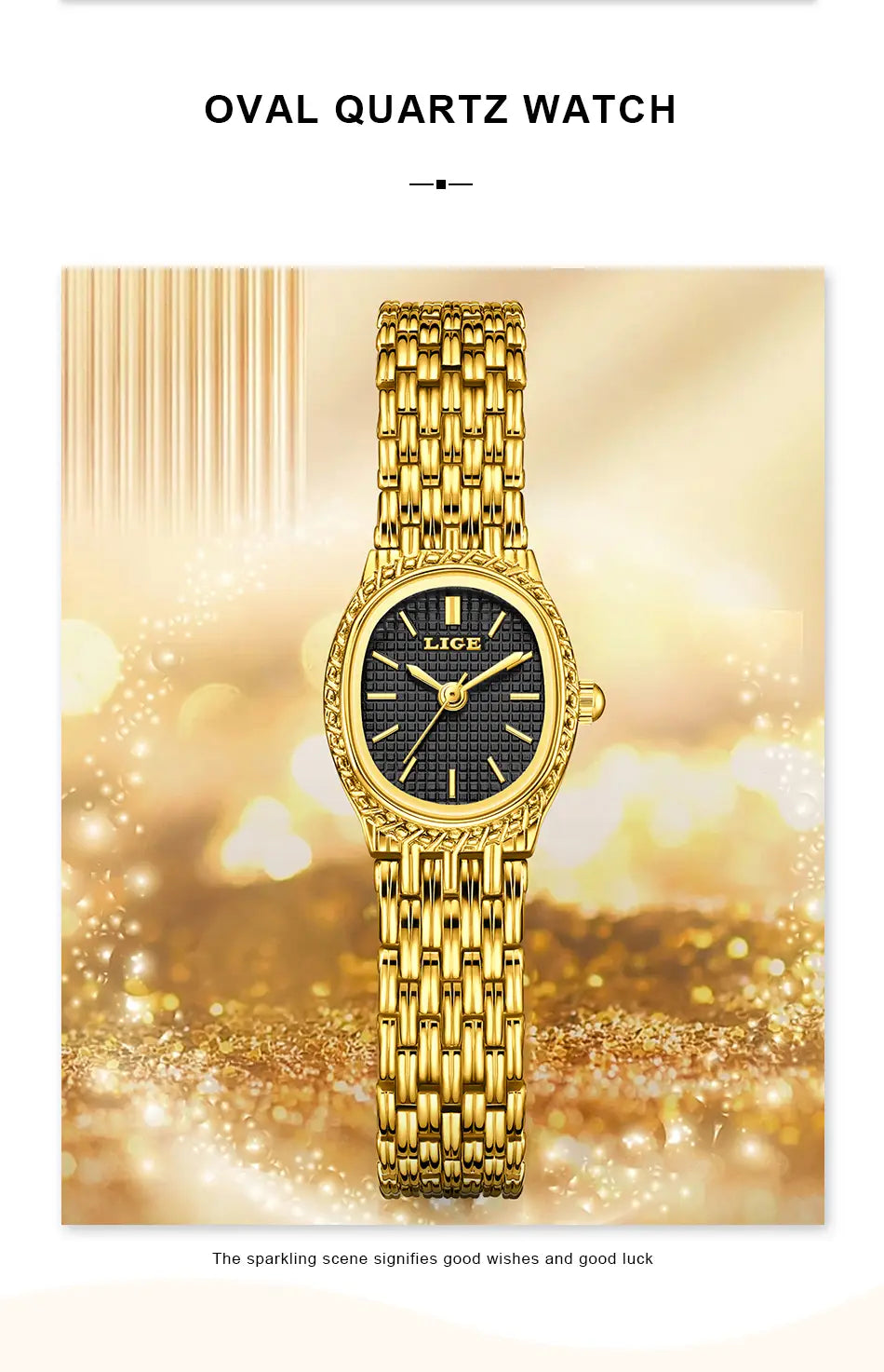 Lige women gold quartz watch featuring a gold-toned oval case with a black textured dial and the brand name lice at the top.