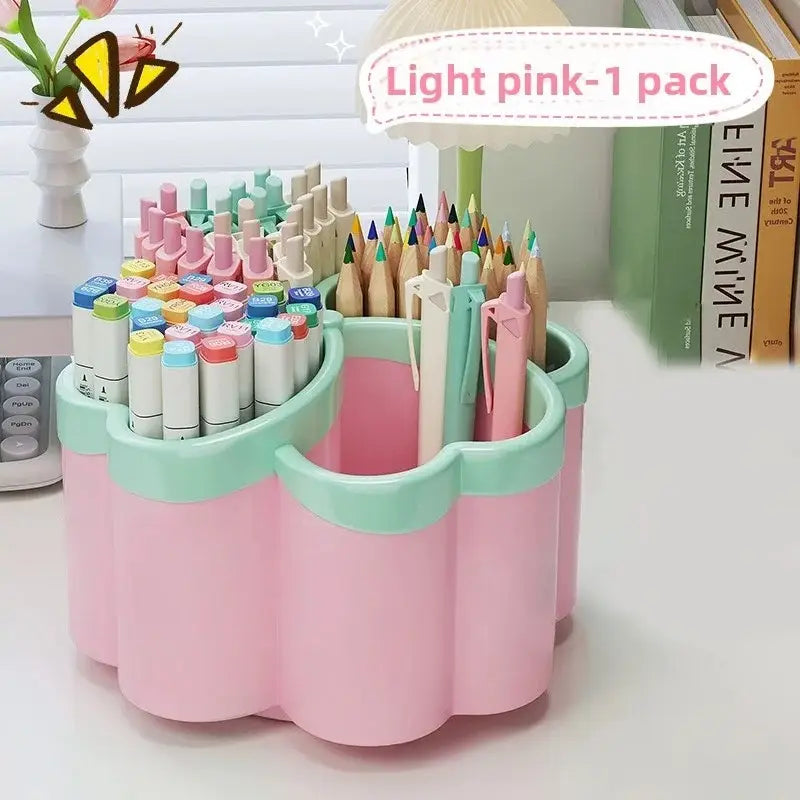 Hellrosa- und mintgrüner Kunststoff-Wolken-Schreibtischorganizer mit vier Fächern und blütenartigem Design zur Aufbewahrung farbiger Marker und Bleistifte.