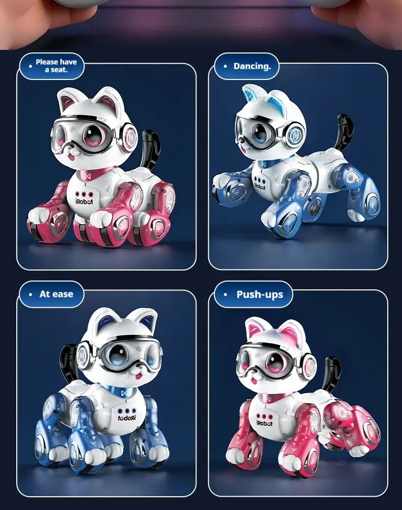remote control robotic horse toy in white and pink with glossy plastic body, led lights, and goggle-adorned robotic cat design