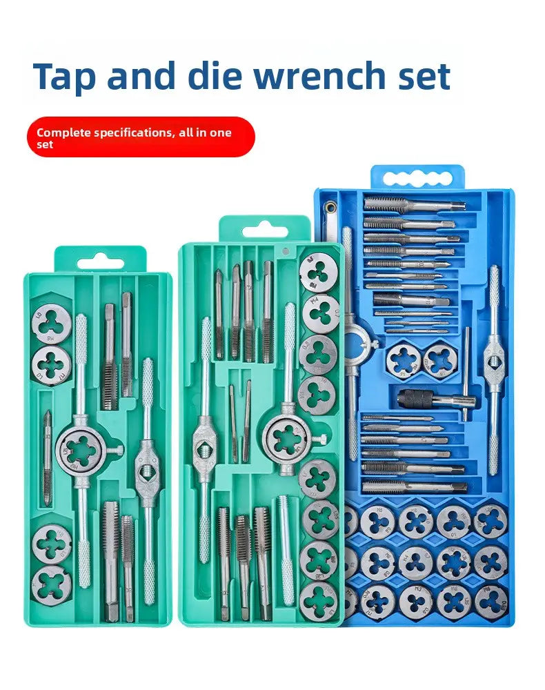 Blue and green plastic case containing a complete metallic tap and die set thread cutting tool kit