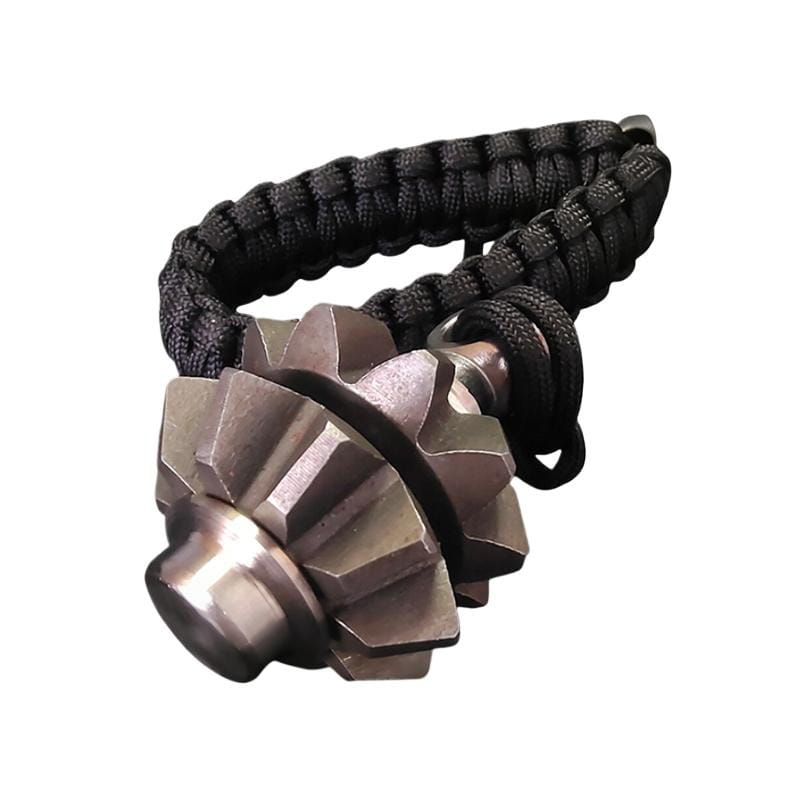 Black paracord bracelet with a metallic gear-shaped fidget spinner charm designed as a keychain emergency survival tool.