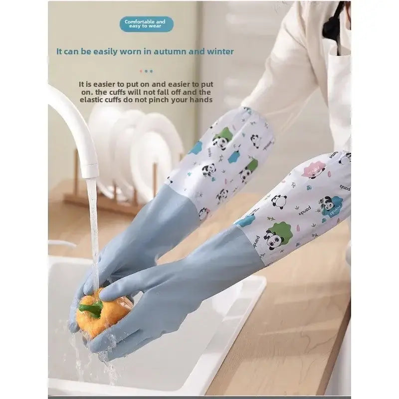 Light blue and white waterproof rubber kitchen gloves with panda pattern and elastic cuffs for cleaning.