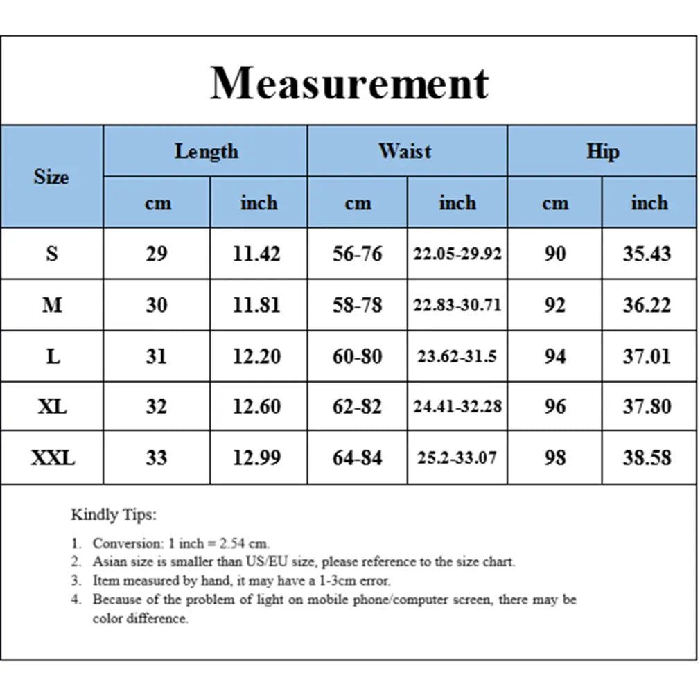 Size chart for sports shorts women with elastic waist displaying measurements in centimeters and inches for sizes s through xxl.