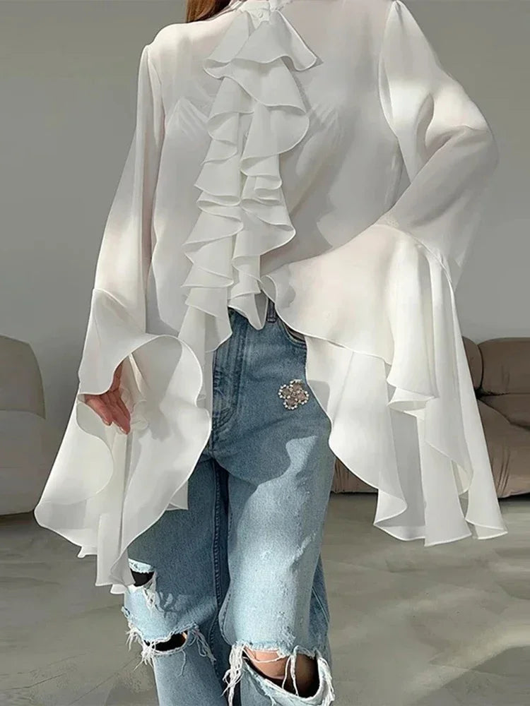 Women's Elegant Ruffle Single Breasted Shirts Casual O-Neck Sleeve Blouses Fashion Lady Temperamentigan Shirts Tops for Spring