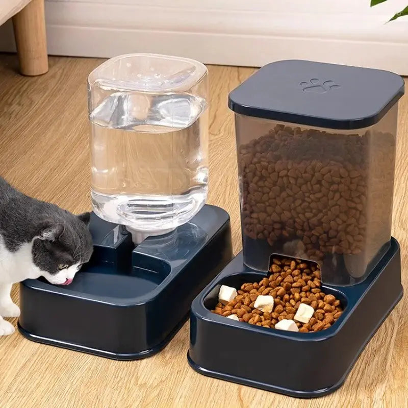 Black plastic pet feeder and water dispenser with transparent water reservoir and food container featuring a paw print lid design.