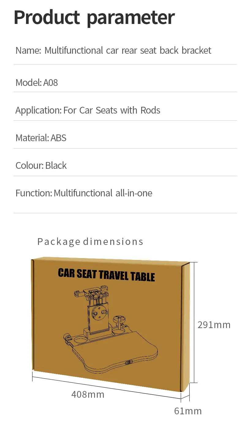 black abs multifunctional car rear seat back bracket model a08 shown from the back for use as a car headrest laptop tray and food holder