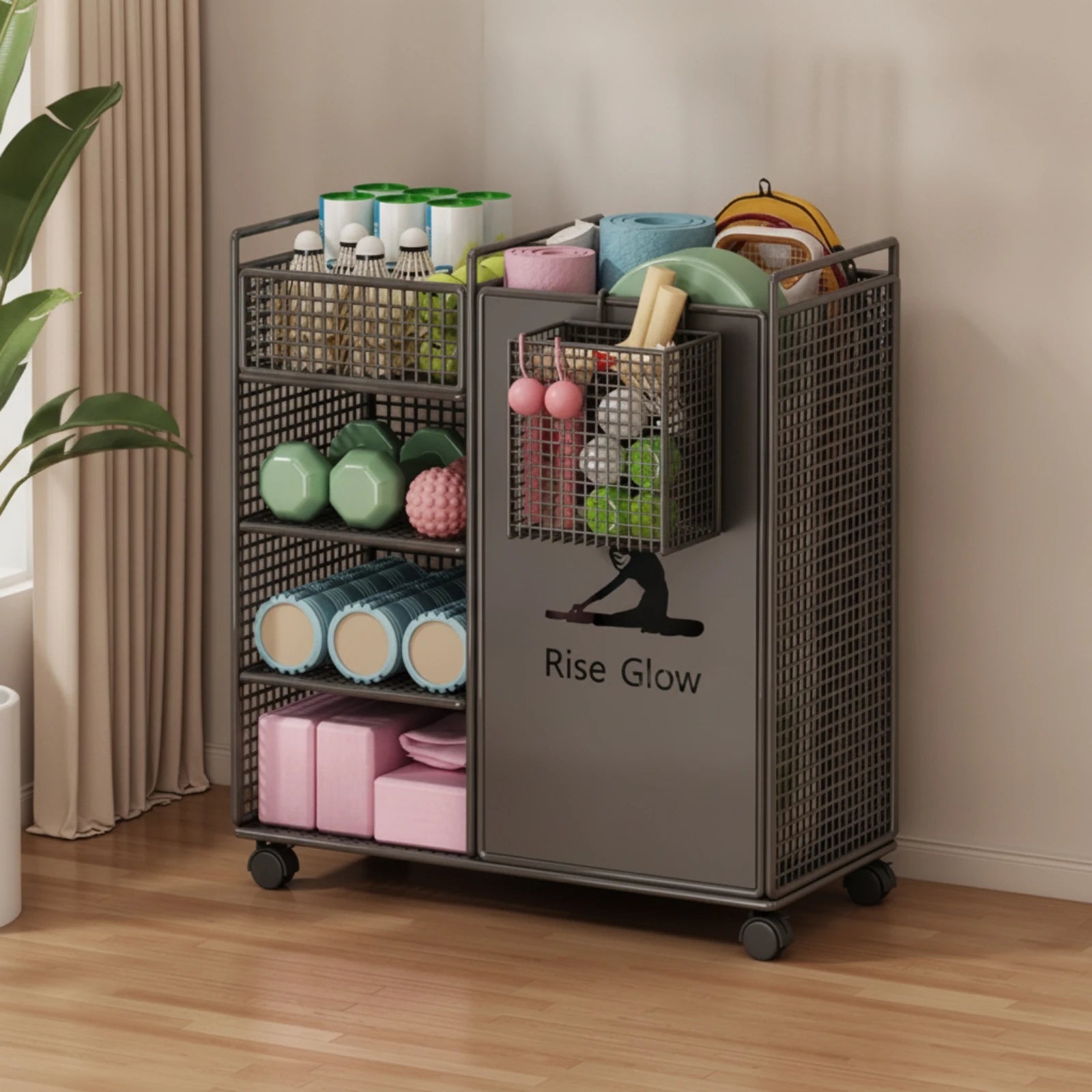 Fitness Equipment Rack with Wheels Wheeled Workout Equipment Organizer Home Gym Organizer Multi-Tier Shelf Stand Compact