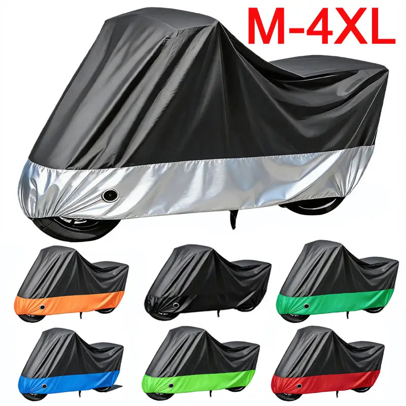 Black and silver motorcycle cover with reflective stripe shown from the back side available in multiple color options for protective gear.