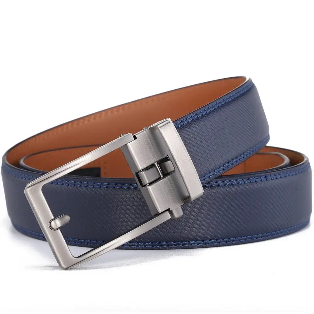 Navy blue textured leather mens belt with a silver-toned automatic buckle for easy adjustment and secure fit