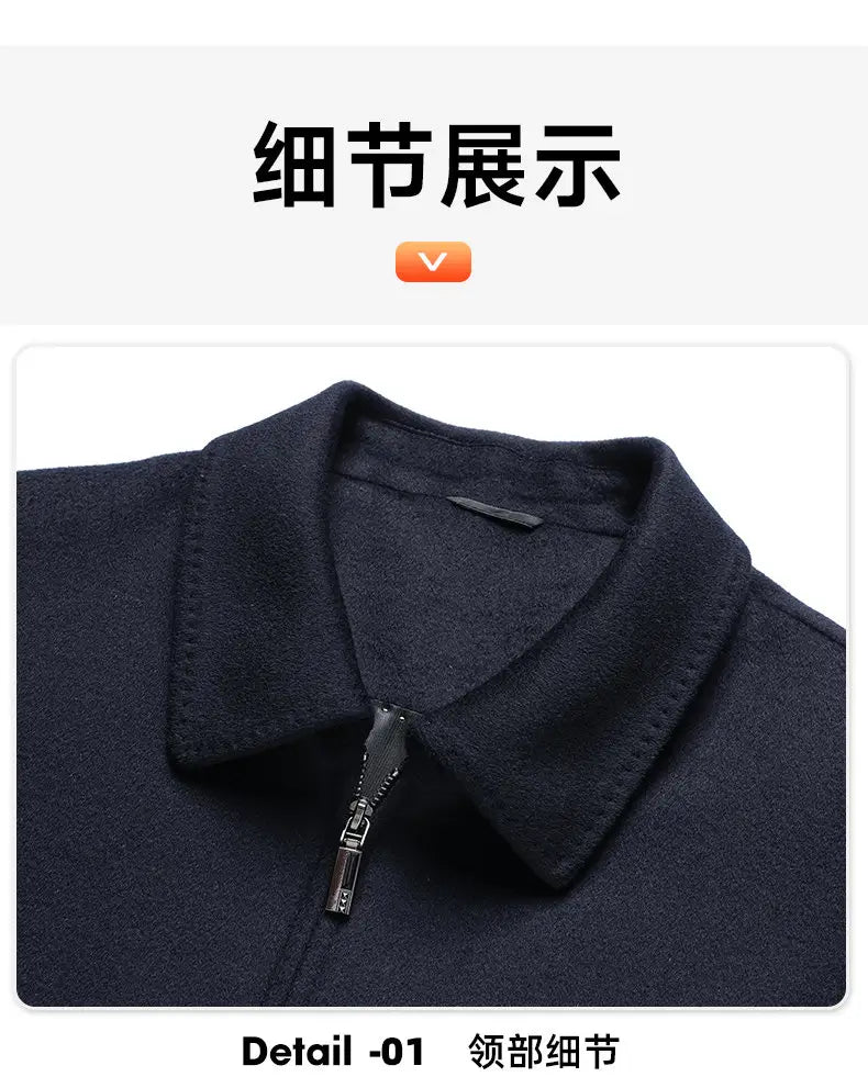 Abrigo de invierno con cierre de cremallera para hombre de 100% lana en azul marino oscuro, con cuello clásico y cremallera negra.