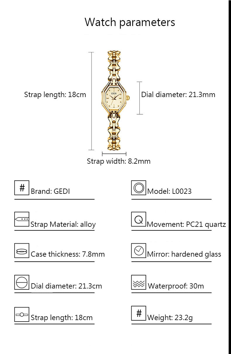 Gold-toned Gedi L0023 ladies luxury bracelet watch with a gold octagonal case, linked alloy strap, and quartz movement.