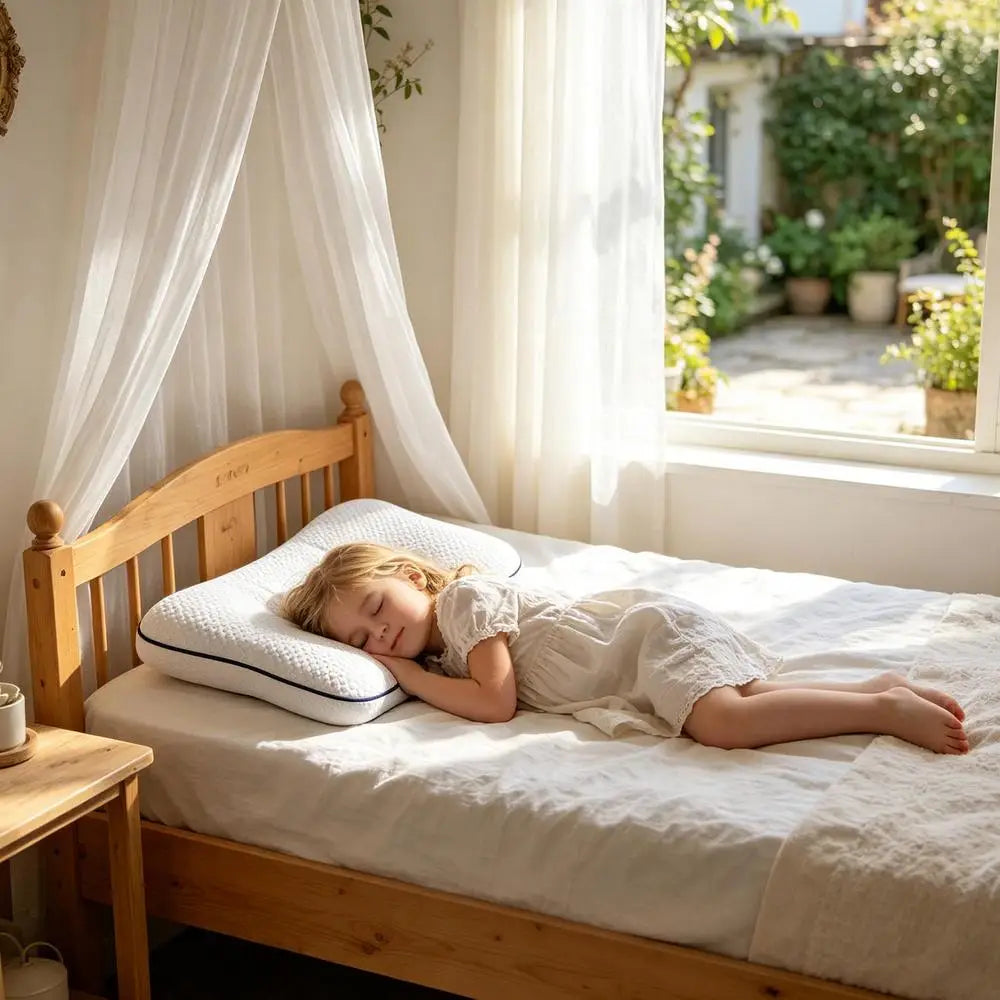 Weißes ergonomisches Kinder-Kissen aus Memory-Schaum für den Nackenstützbereich mit schwarzer Einfassung und strukturierter Oberfläche, ausgelegt für Komfort und eine korrekte Ausrichtung des Nackens.