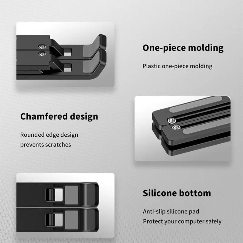 schwarzer Kunststoff-Laptopständer, faltbar und verstellbar, mit Silikonunterseite und abgeschrägten Kanten.