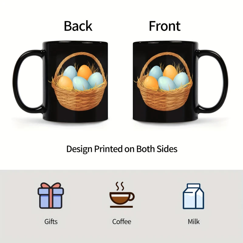 Easter coffee mug, black basket with colorful egg design, suitable for spring and holiday mornings