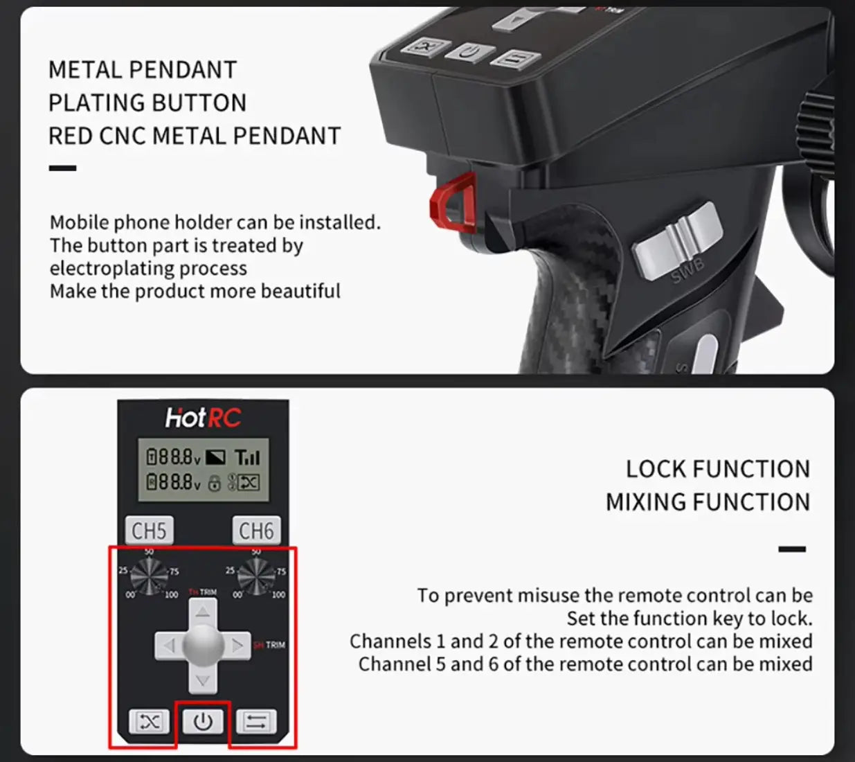 Control remoto ct-6a para coche y barco en metal negro y rojo con recubrimiento CNC, con pantalla digital y múltiples botones de función.