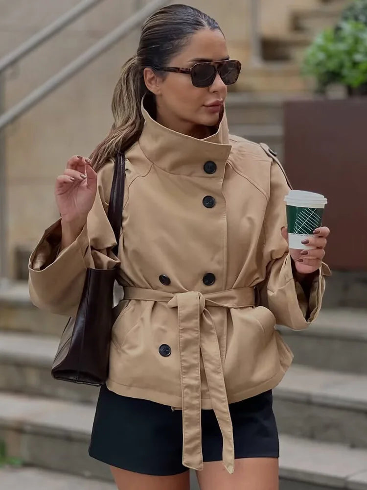 HH Female New Fashion Double-breasted Lace-up Trench Pockets Coat Long Sleeve Jacket Women Autumn Casual Street Short Coat