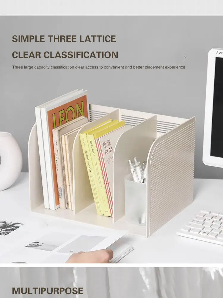 Beige plastic desk organizer with three lattice compartments for clear classification and book storage rack.