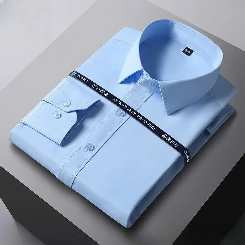 A neatly folded light blue men long sleeve dress shirt with a classic collar and buttoned cuffs wrapped by a black ribbon featuring anti wrinkle formal office wear attributes.