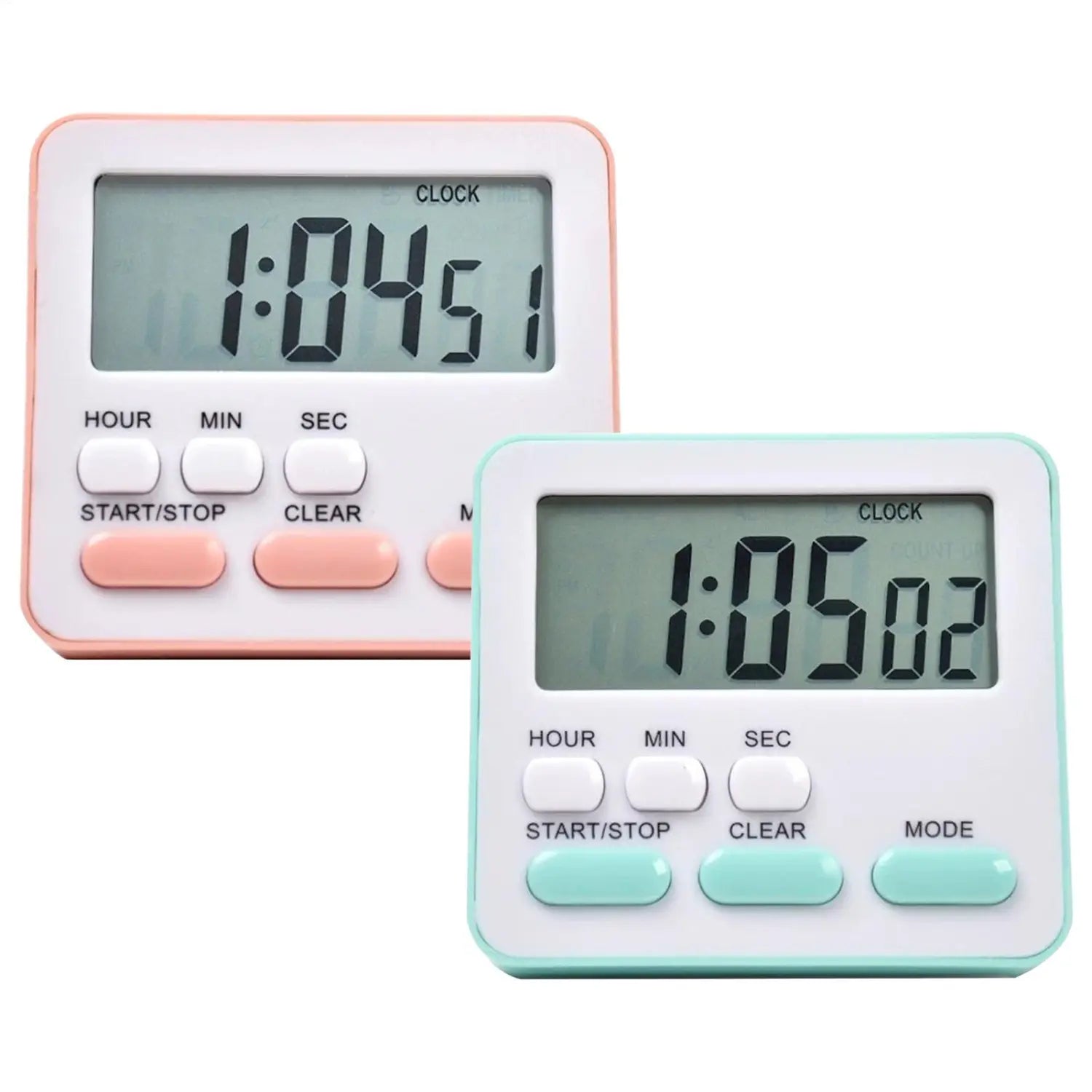 Zwei digitale Küchentimer mit geräuschloser Countdown-Uhr, mit Gehäusen aus weißem Kunststoff und LCD-Displays, deren Rahmen in Pink und Mintgrün gehalten sind.