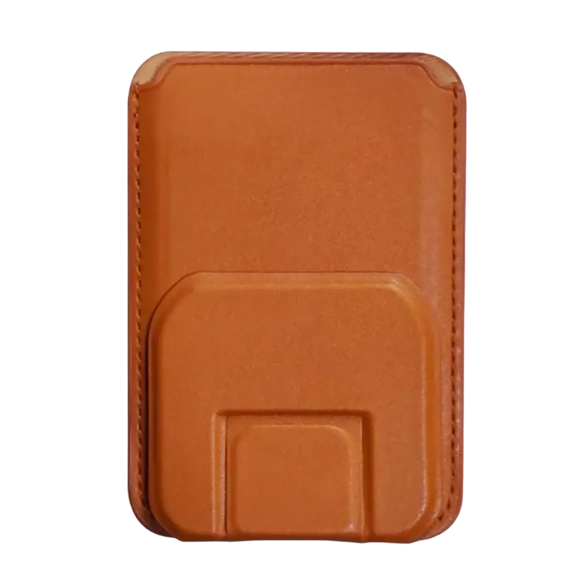 Tan leather phone card holder with stitched edges and magnetic flap for iphone 15 14 13 pro max stand phone card
