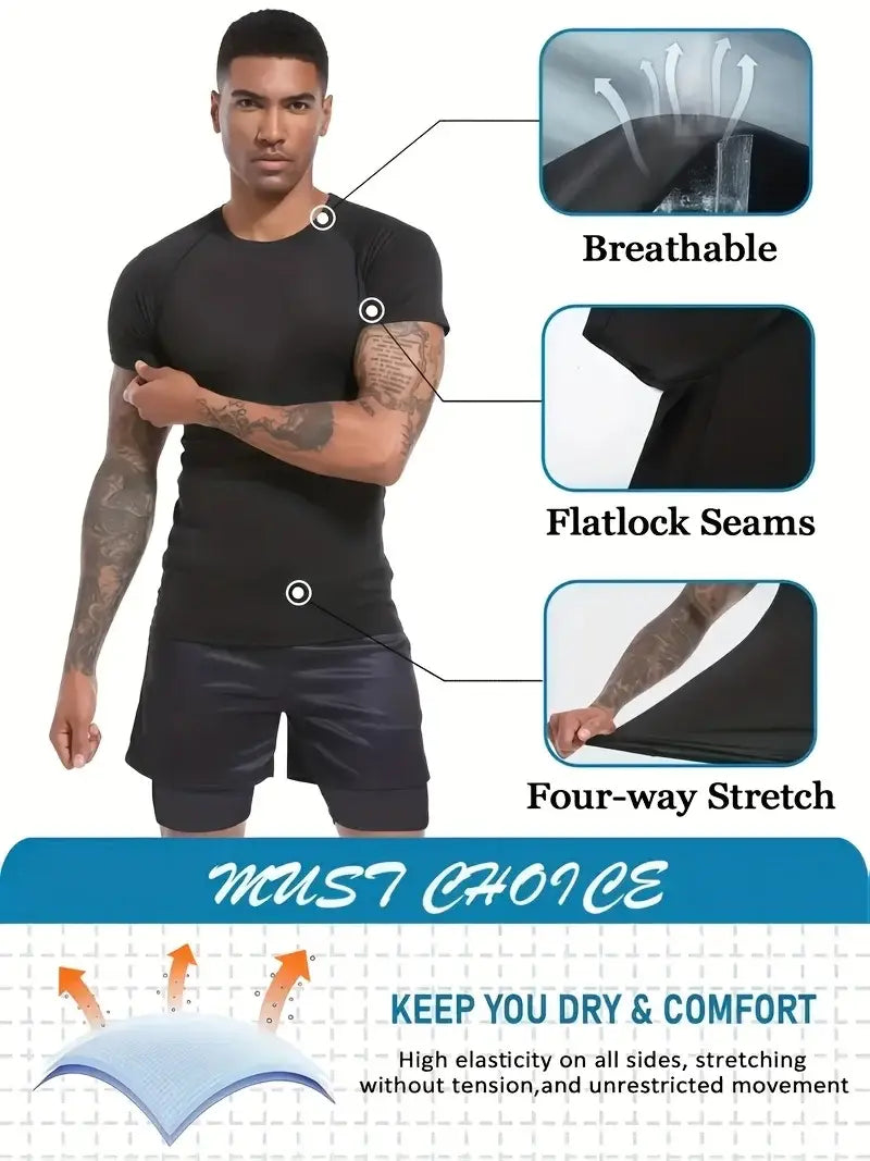 Schwarzes kurzärmeliges Herren-Anime-Kompressionsshirt mit Flachnähte und Vier-Wege-Stretch-Stoff, konzipiert für sportliche Leistungsfähigkeit