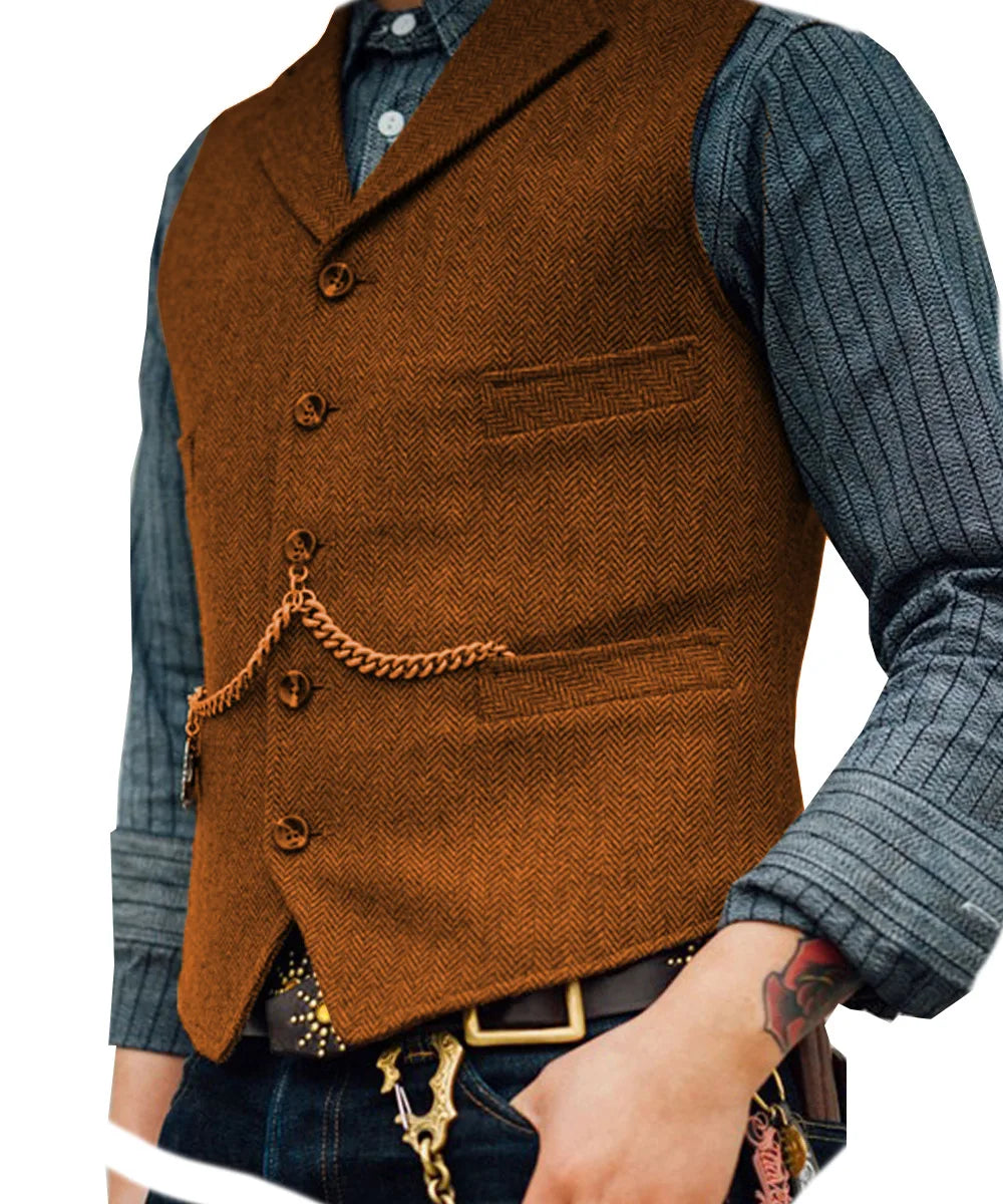 Mens Suit Vest Lapel V Neck Herringbone Casual Business Vest Waistcoat Groomman For Wedding Tweed Business Waistcoat