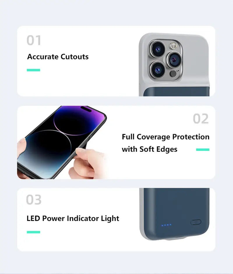 iPhoneシリーズ用の精密なカメラ用くり抜きと、背面側にLED電源表示ライトを備えた洗練されたダークブルーのバッテリーチャージャーケースです。