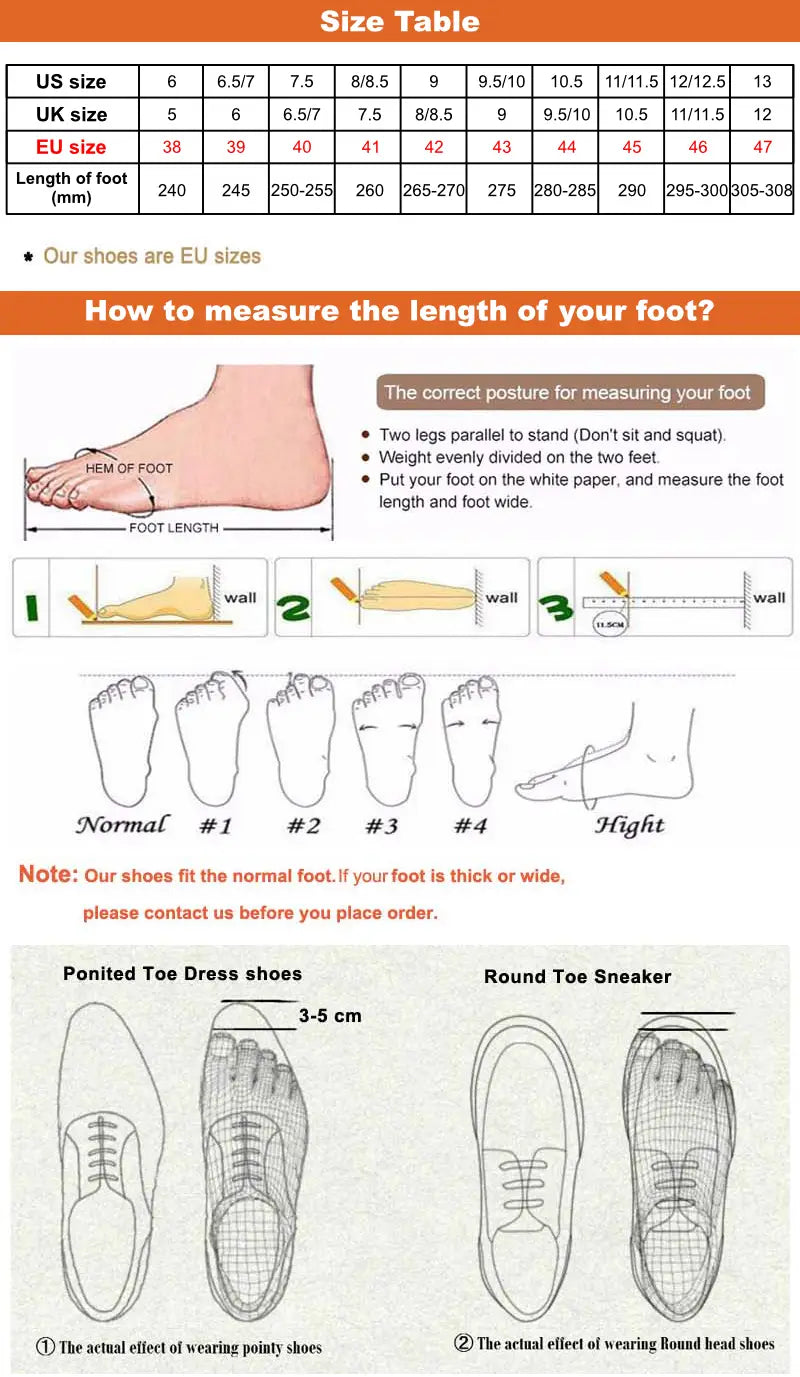 L’image affiche un tableau des tailles et un guide de mesure du pied pour des chaussures de ville à bout brogue type derby Oxford pour homme en cuir véritable, présentant les tailles US, UK et EU, la longueur en millimètres, des diagrammes de posture du pied et des illustrations du type de pied.