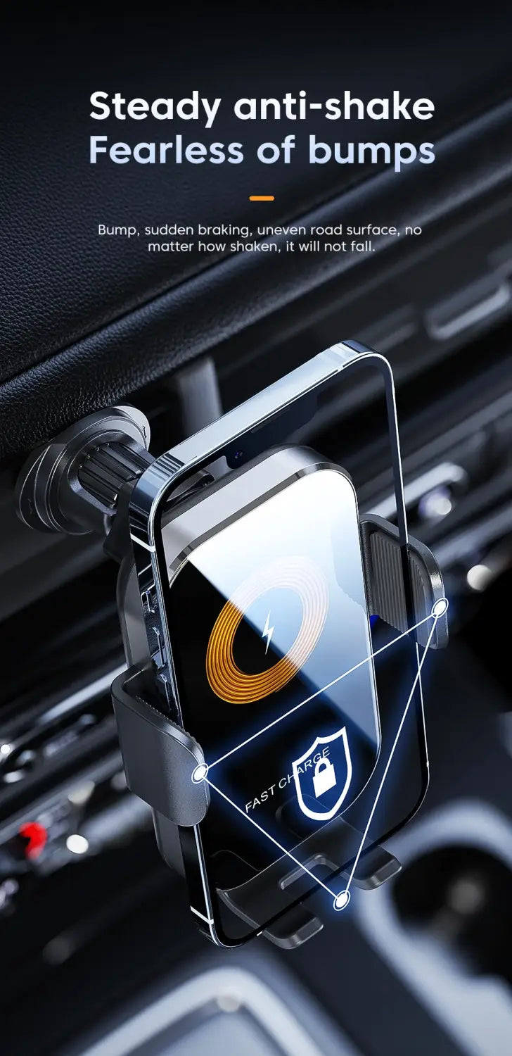 Soporte para cargador inalámbrico de coche negro y plateado con diseño de pinza magnética para carga rápida y carga para navegación.