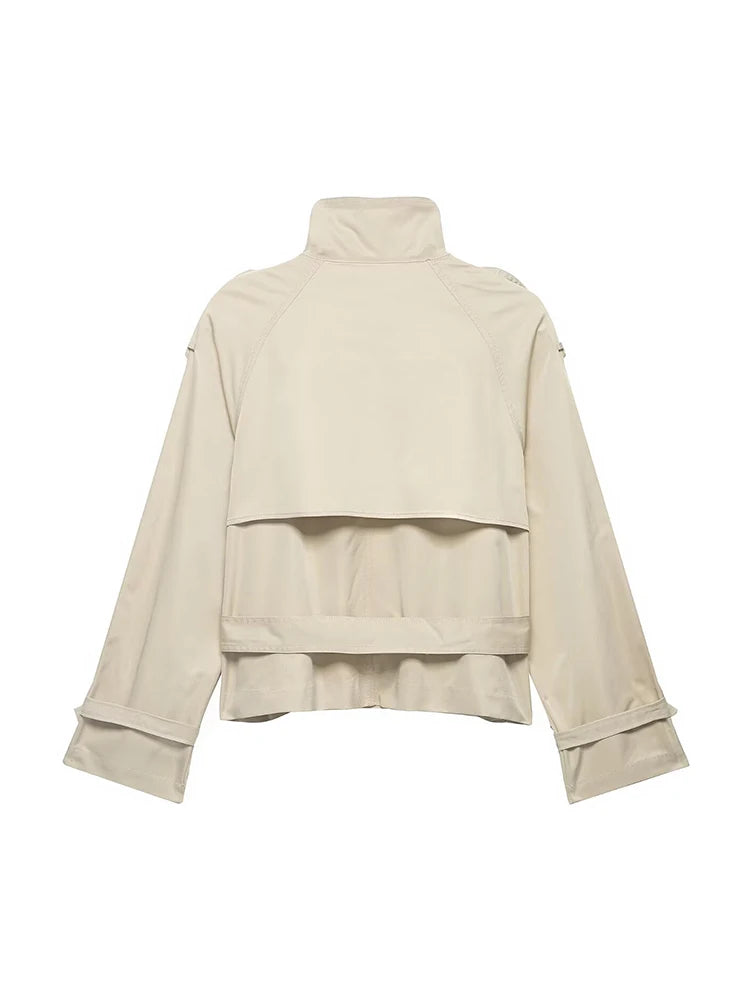 HH Women's Short Trench Coat Spring Autumn Stand Collar Belted Double Breasted Beige Jacket for Office Work Casual Daily