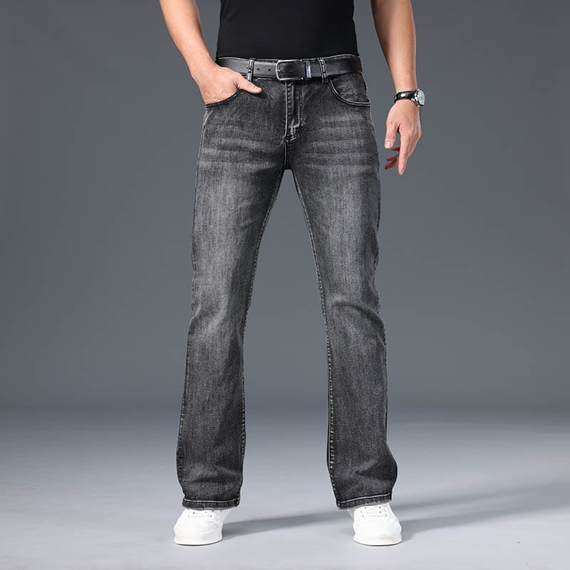 mens micro flared denim jeans are dark gray straight-leg cut denim pants with subtle fading designed for casual wear