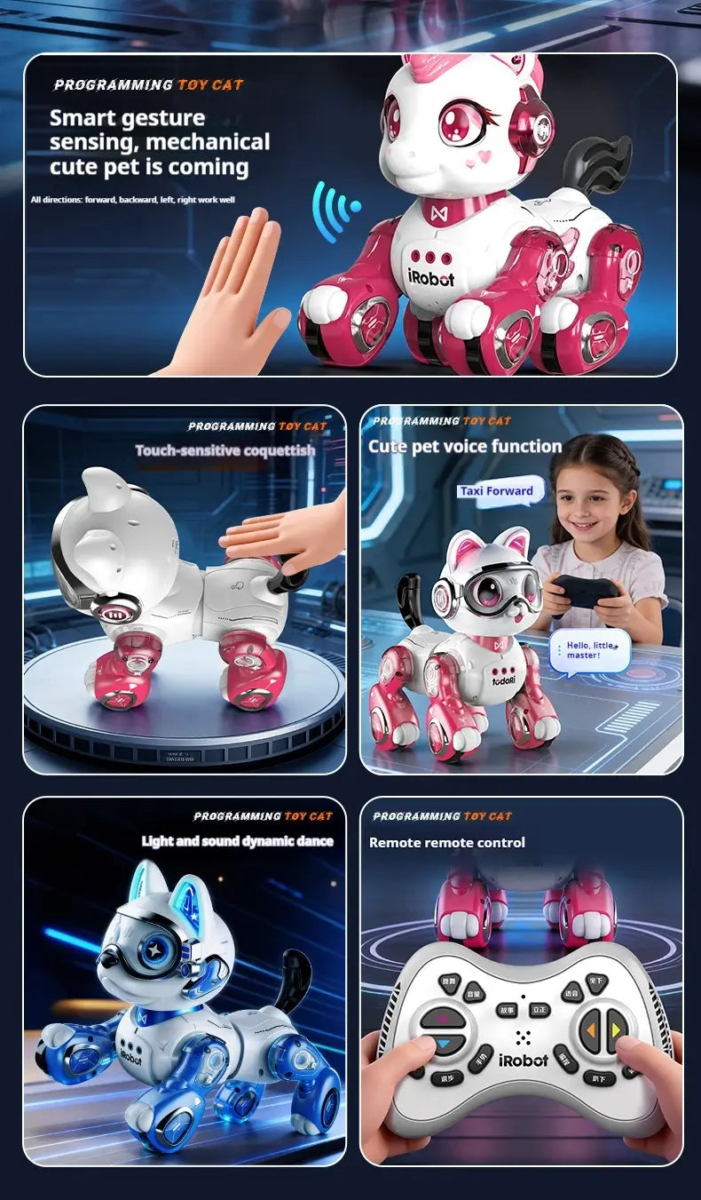 Remote control robotic horse toy featuring a pink and white glossy plastic body with red accents and led lights in the shape of a robotic cat.