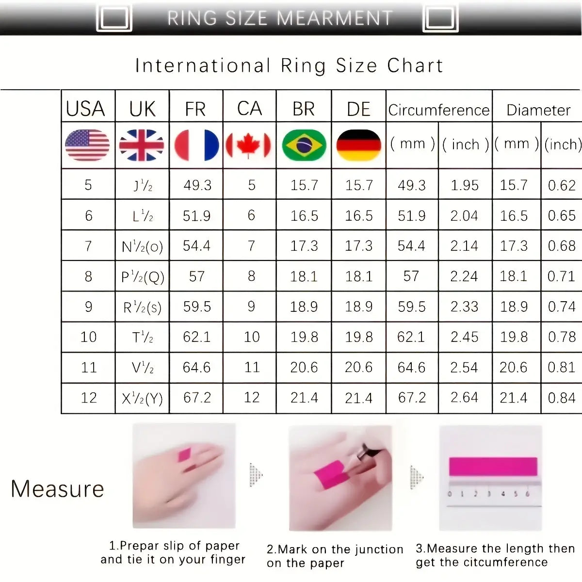 tabla internacional de tallas de anillos con mediciones en diversas normas e instrucciones ilustradas para medir la circunferencia del dedo del anillo de diamante de trébol de cuatro hojas de plata.