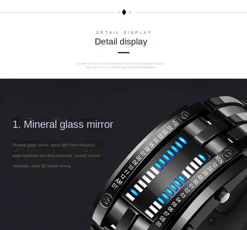 Black binary led stainless steel waterproof men watch with a sleek multi-layered band and glowing blue led numerals on its face