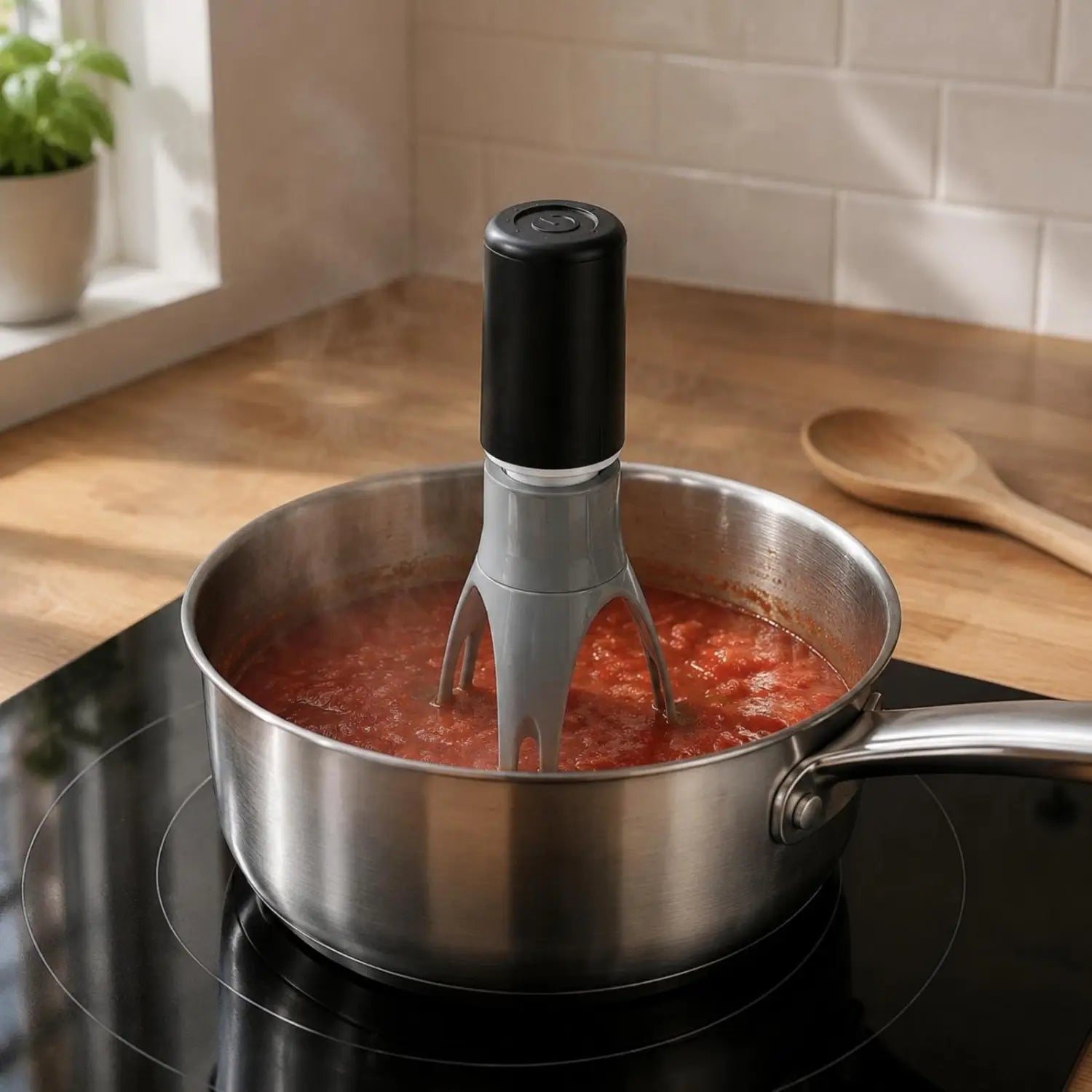 gray and black electric immersion blender serving as an automatic stirrer in a stainless steel pot demonstrating a three-leg pan stirrer design