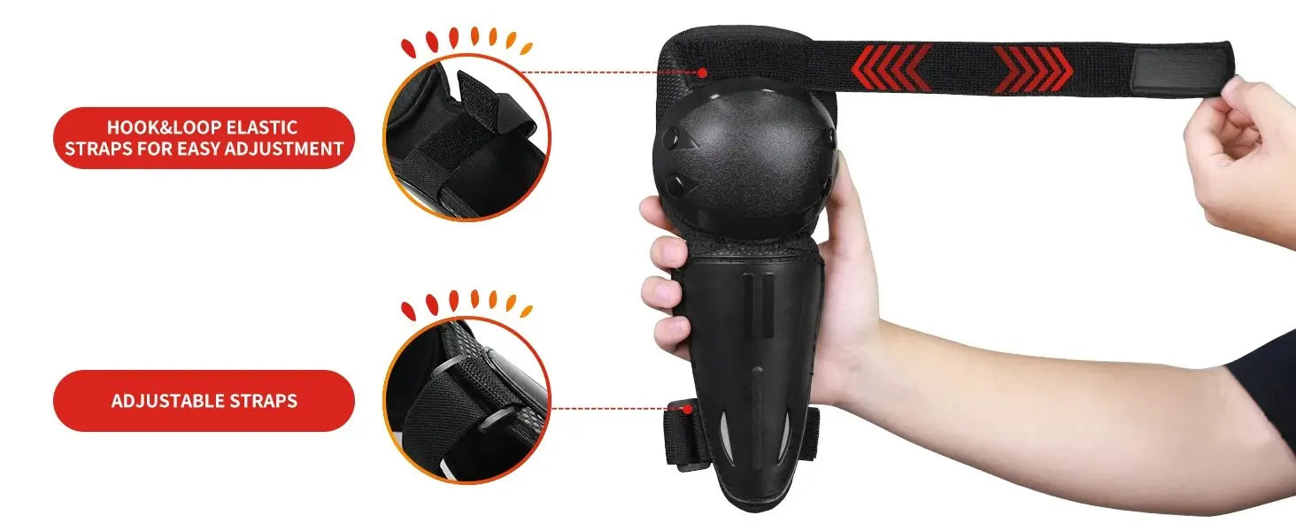 Rodillera negra con correas elásticas con patrón de galones en rojo para un ajuste ajustable, como parte de un juego de protección para niños para ciclismo y patinaje.