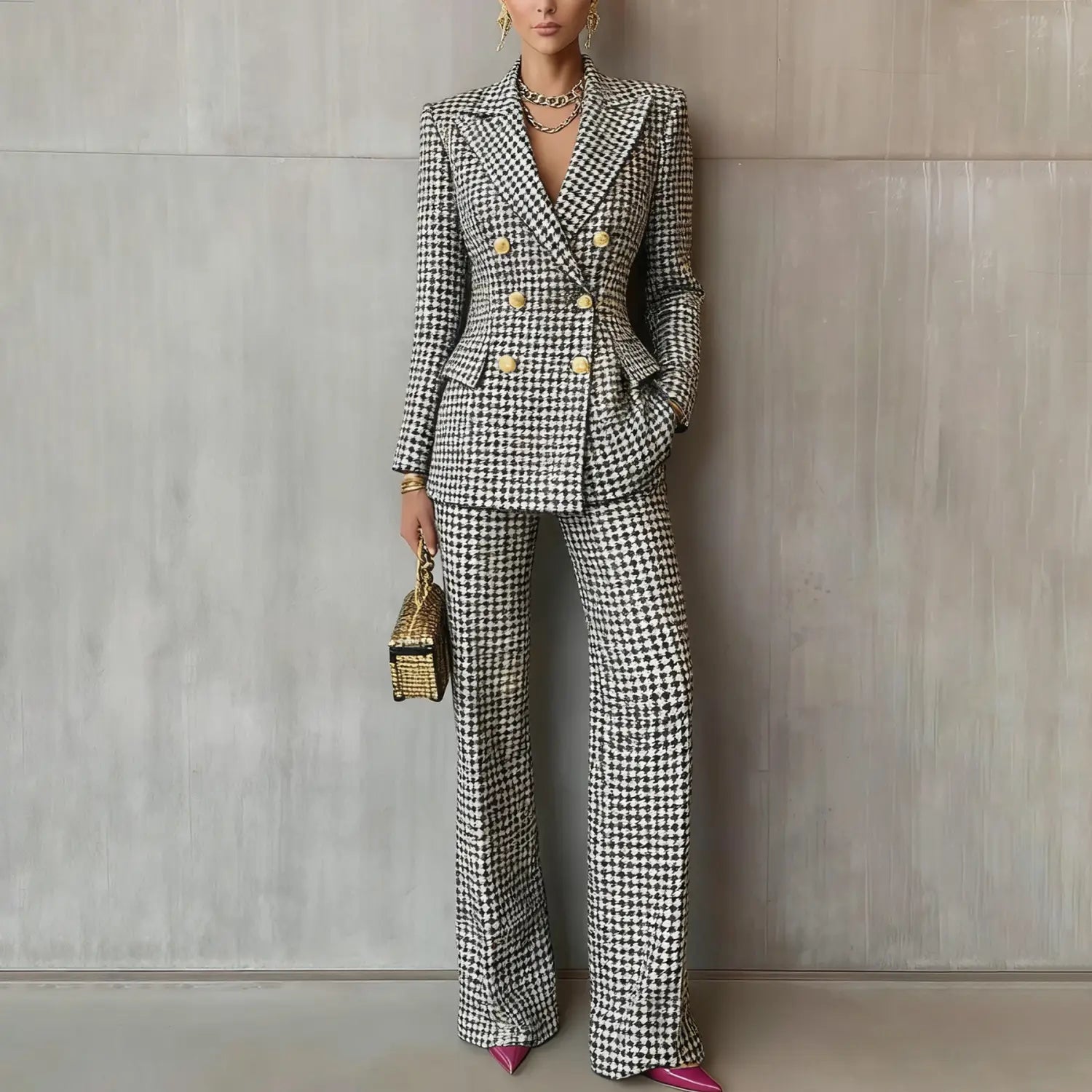 Ein stilvolles Schwarz-Weiß-Hahnentritt-Damen-Karo-Blazer mit zweireihigem Verschluss und goldfarbenem Knopfverschluss aus Synthetikfaser.