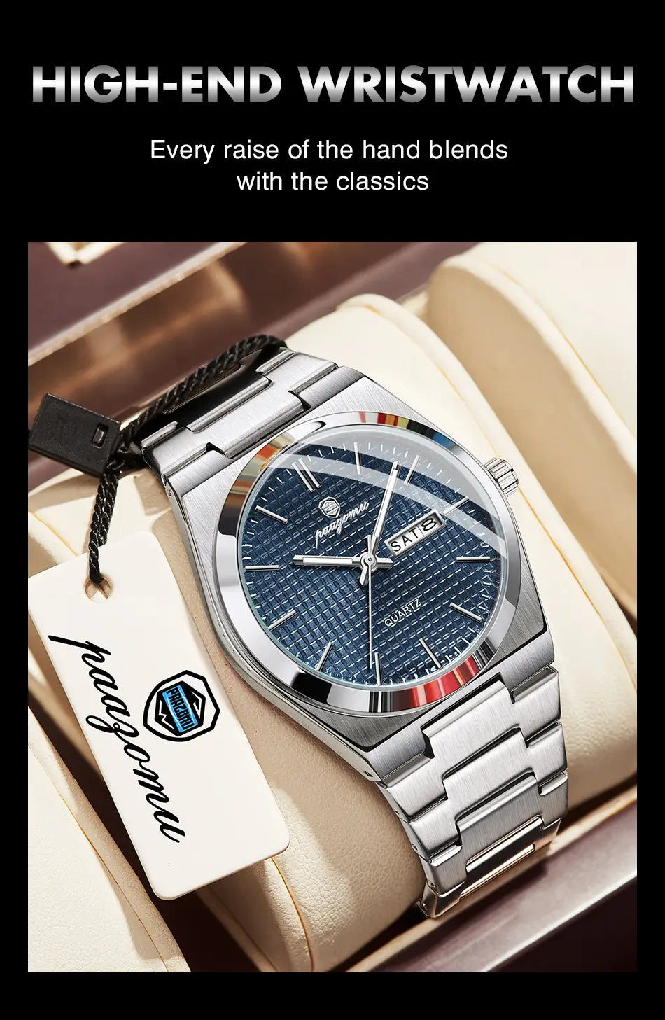 Paazomu luxury chronograph watch featuring a silver-toned stainless steel case with a textured blue dial and date display.