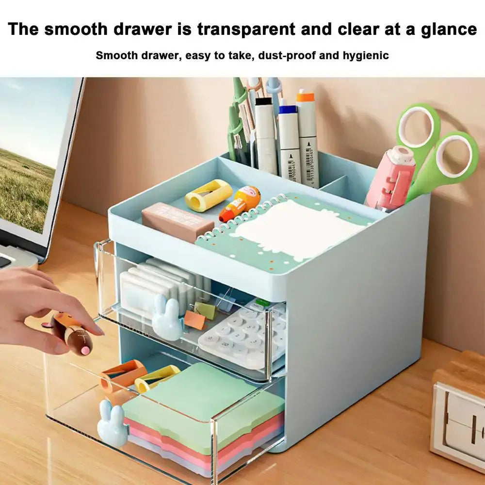 Organisateur de bureau en plastique bleu clair avec des tiroirs transparents et des poignées en forme de lapin contenant divers articles de papeterie.