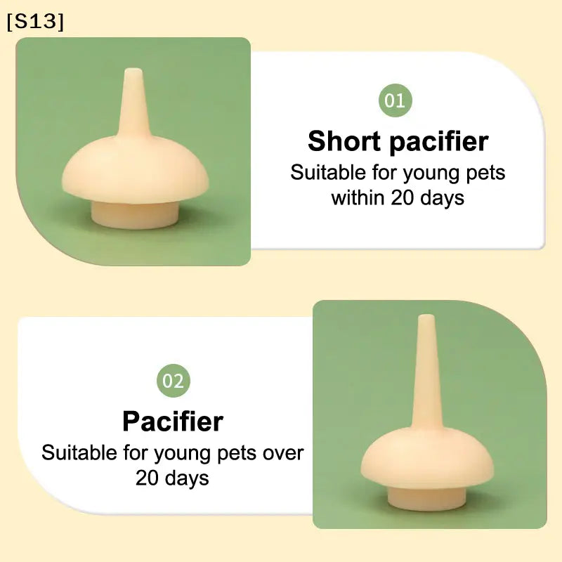 beige silicone pacifier with a rounded dome-shaped nipple and tapered handle for cat bottle feeder with measuring scale designed for newborn pets in a unique design.