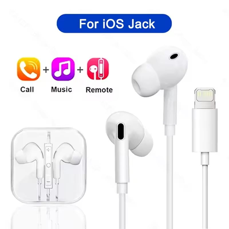 Écouteurs filaires blancs pour casque stéréo 3,5 mm, de conception intra-auriculaire, connecteur Lightning et commandes intégrées pour les fonctions d’appel, de musique et de télécommande.